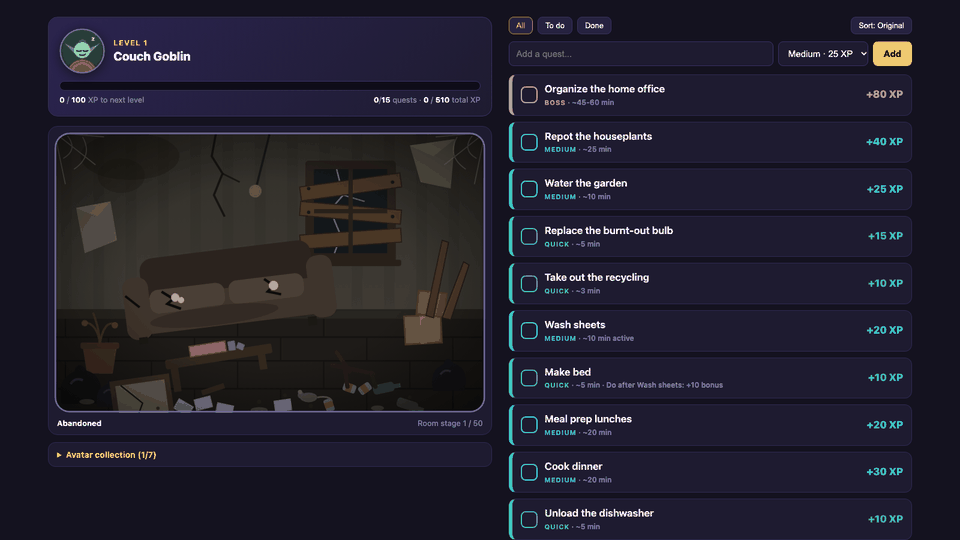 Quest Board: checking off quests levels up the avatar and renovates a living room